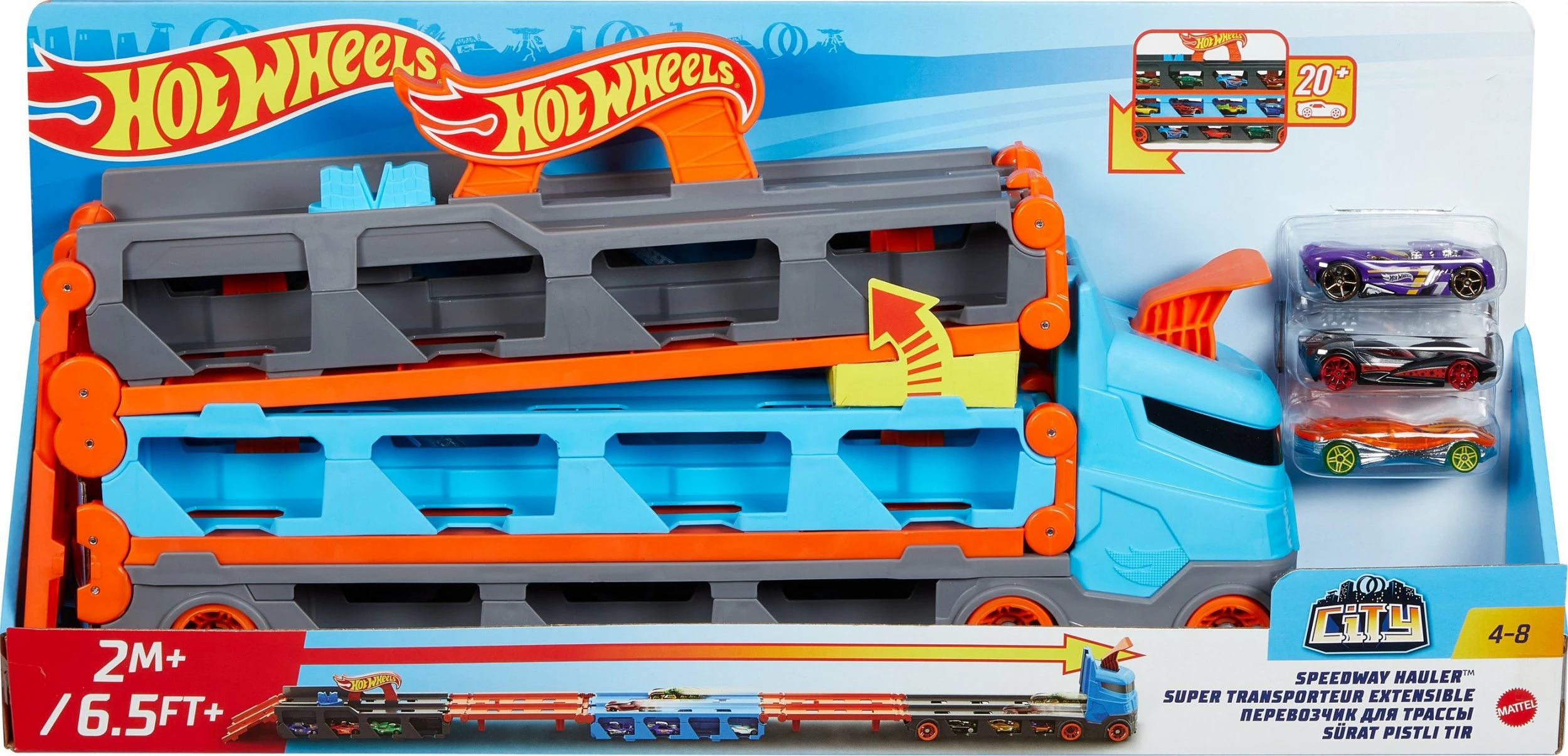 Transportues/pistë garash Hot Wheels City Racing Transporter 2-in-1 GVG37, shkallë 1:64, pistë 1.8 m, mban 20+ makina, set me 3 makina, blu