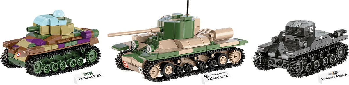 Set lodrash ndërtimi Cobi Klocki 2740 Renault R35, Valentine IX, Panzer I, 595 pjesë