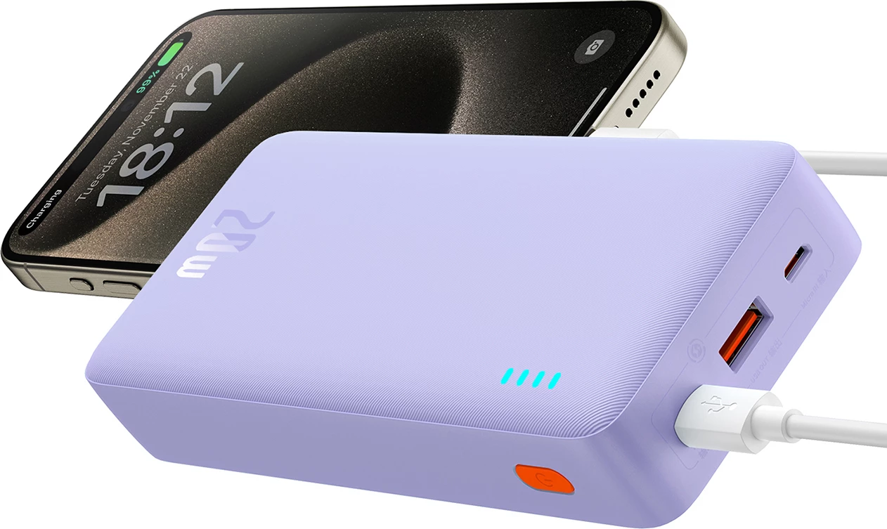 Powerbank Baseus Airpow 20000mAh, 20W, me kabllo USB-A në USB-C, Vjollcë