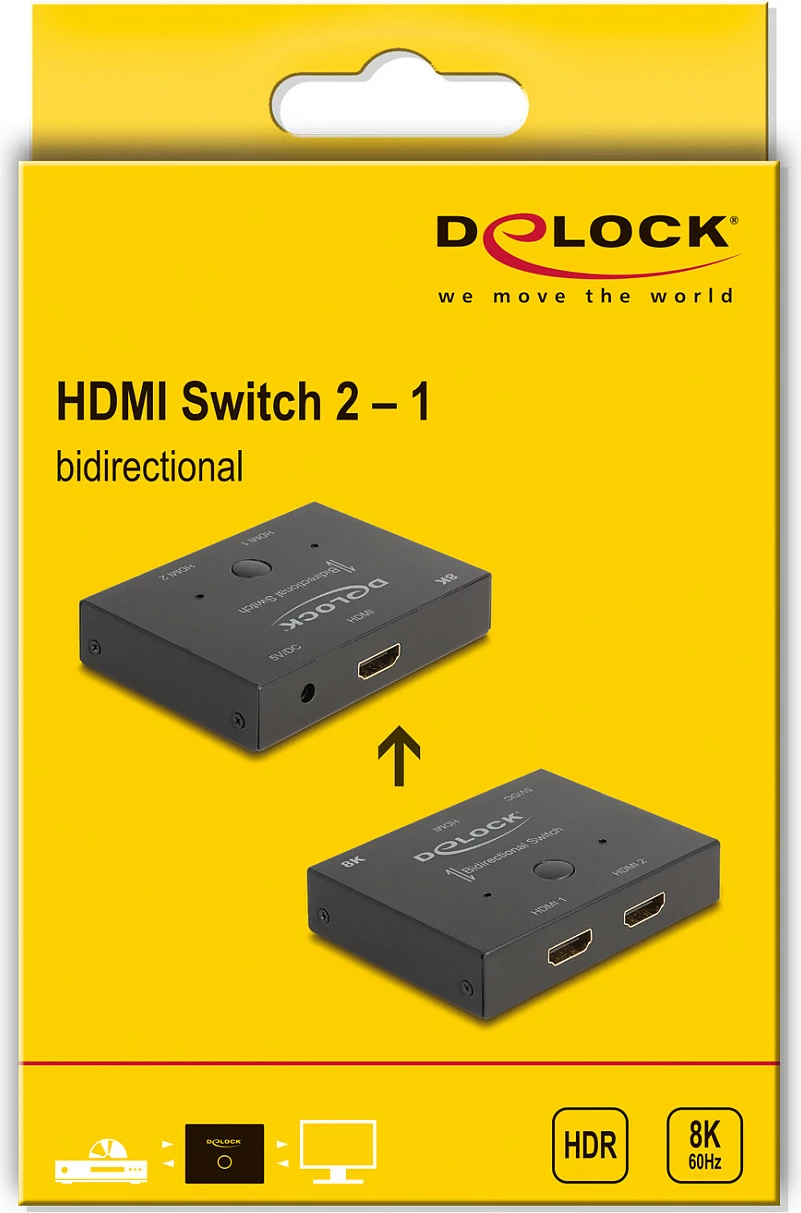 Switch HDMI DeLOCK 2-në-1 bidireksional, 8K 60Hz, metal, 1 m kabllo, i zi