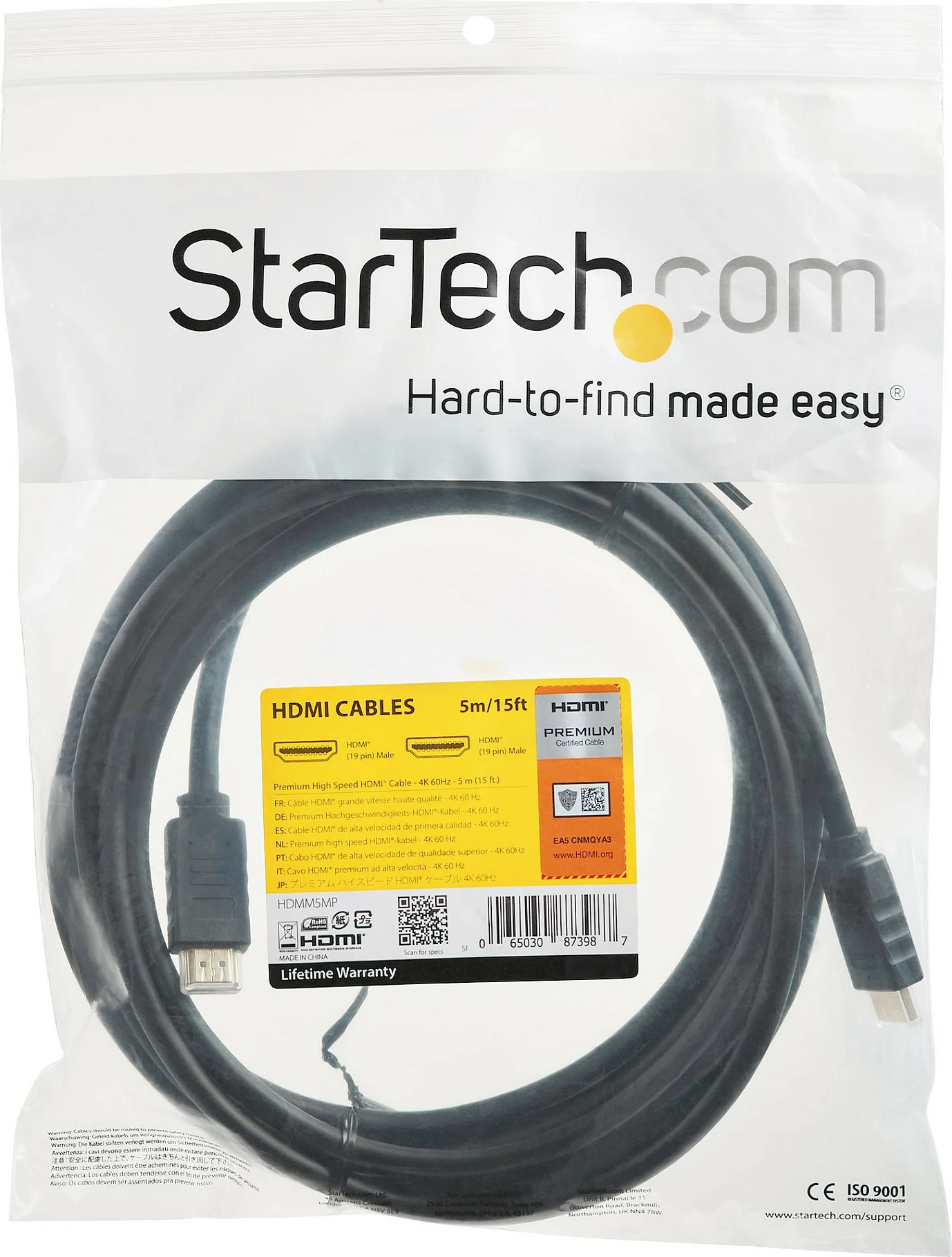 Kabl HDMI StarTech HDMM5MP, HDMI 2.0 Premium Certified, 5m, 4K 60Hz, HDR10, ARC, Ethernet, i zi