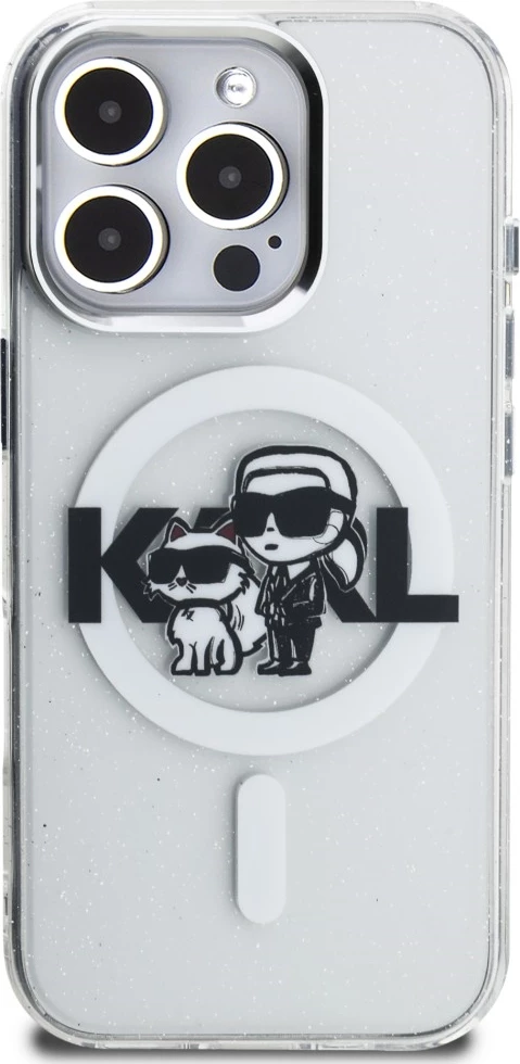 Mbështjellës MagSafe Karl Lagerfeld IML Glitter Karl & Choupette Sketch Logo për iPhone 16 Pro, transparent, në kuti