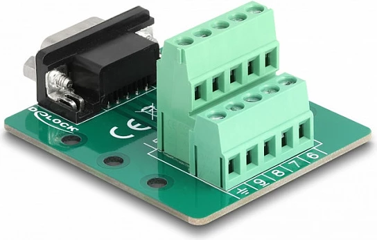 Adapter D-Sub DB9 mashkull DeLOCK në bllok terminali për shinë DIN, i gjelbër