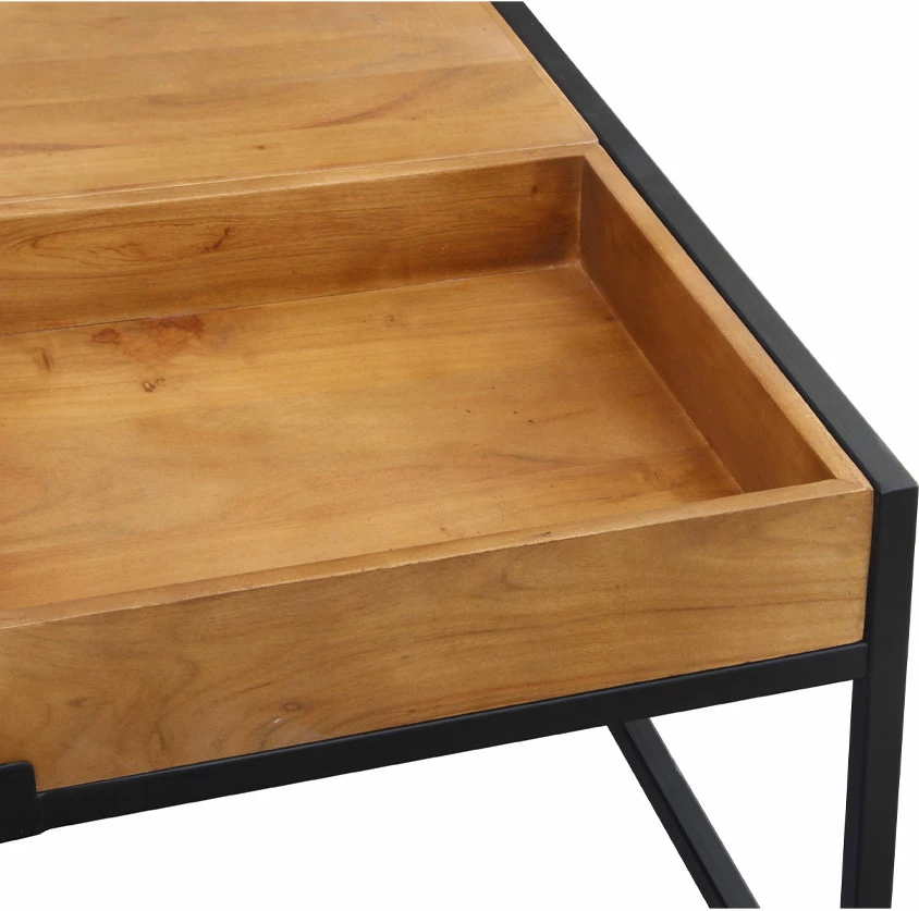 Tavolinë kafeje Combo, dru akacie ngjyrë arre, këmbë metalike të zeza, 84x80x42cm
