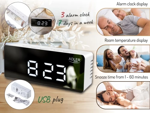 Orë me alarm, Adler AD 1189, ekran LED, shfaqje temperature dhe date, ndriçim i rregullueshëm, USB/3xAAA, e bardhë