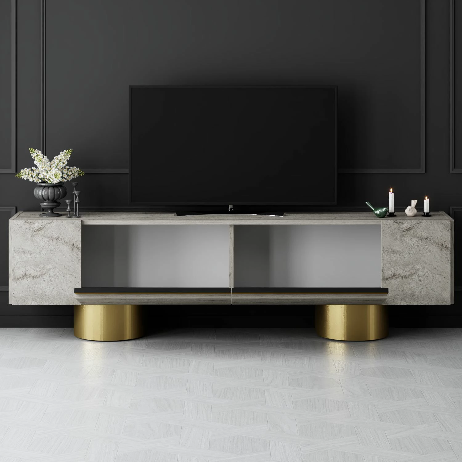 Komodë për TV Hanah Home, bohem, travertin, ar