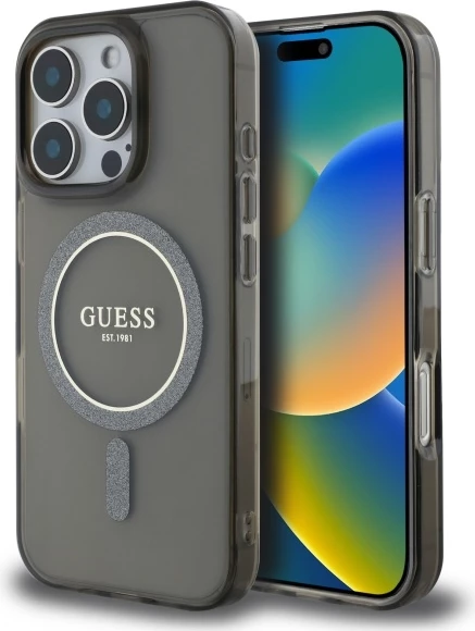 Mbështjellës Guess IML Glitter Circle MagSafe për iPhone 16 Pro Max, i zi
