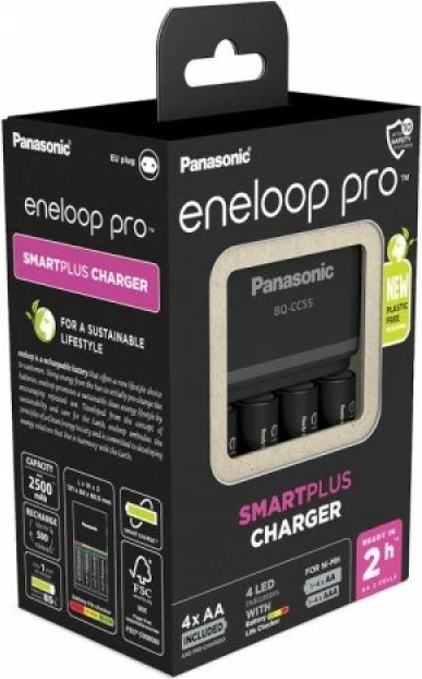 Karikues baterish Panasonic SmartPlus me 4 bateri AA Eneloop Pro 2500 mAh, i zi