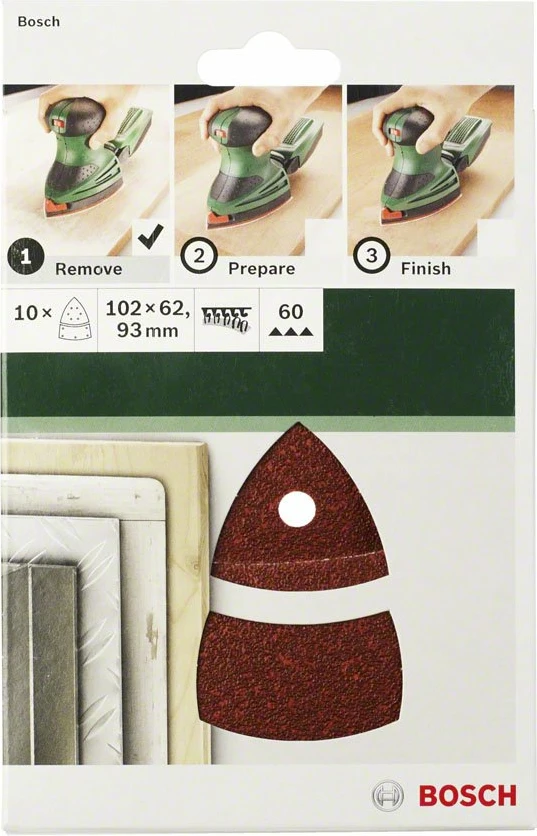 Fletë smerilimi Bosch DIY Multi-Sanding Sheet 102 x 62/93 mm, 11 vrima, 4xG40/4xG120/2xG180, set 10 copë