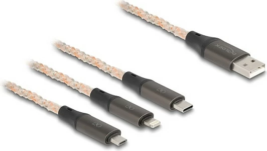 Kabllo karikimi DeLOCK USB RGB 3-n-1, USB-A në Lightning/Micro-USB/USB-C, 1.2 m, transparente