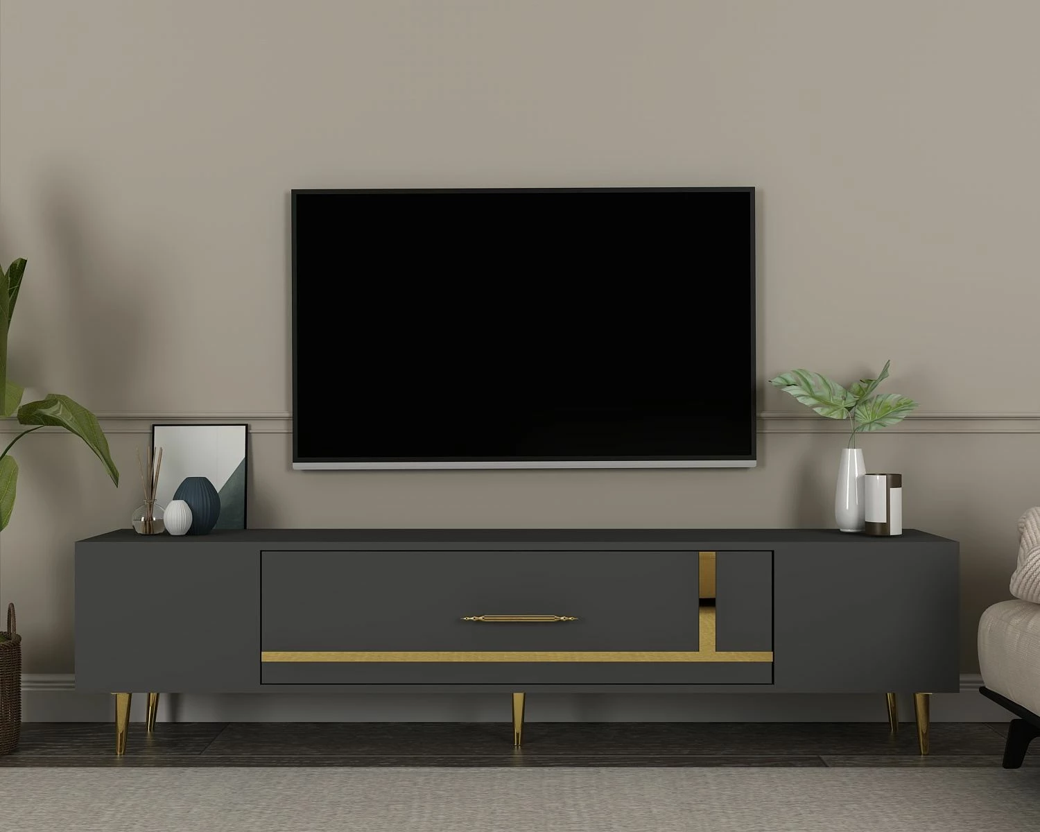 Komodë për TV, ngjyrë antracit dhe ari, Skye Decor, Dekop1