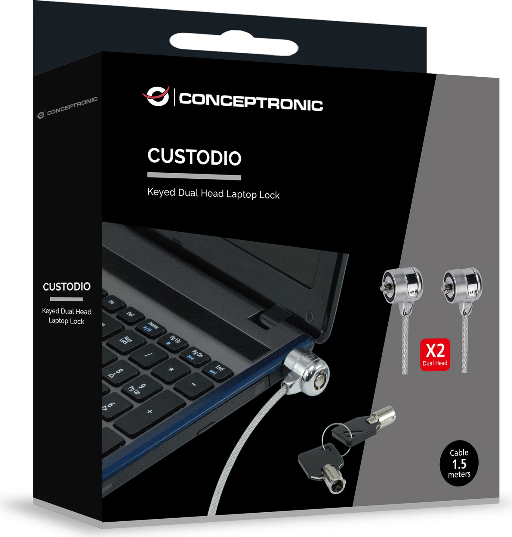 Kyç sigurie me kabllo për laptop Conceptronic Dual Head, 1.5 m, 2 çelësa, argjend