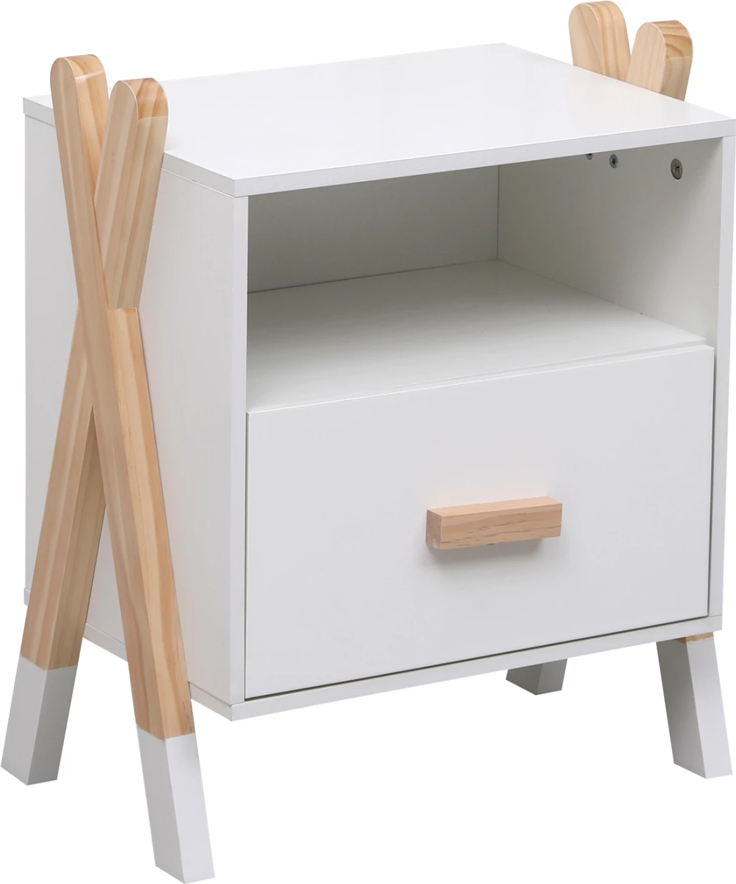 Komodinë natës PASCHAL, melaminë e bardhë, dru pishe natyrale, 46x30x55cm