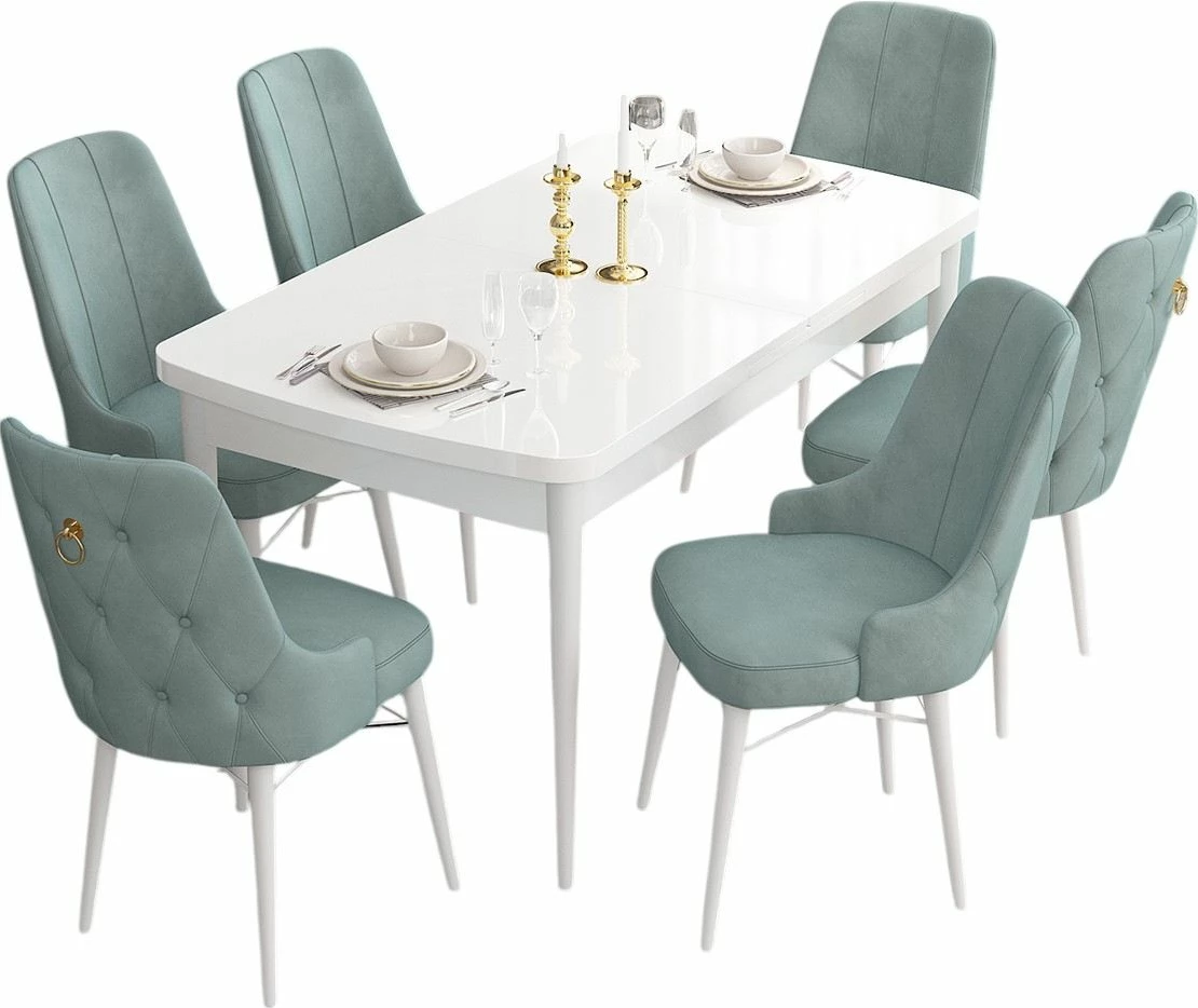 Set tavoline me karrige për ngrënie, e zgjatshme, 7 copë, Skye Decor, e bardhë, jeshile deti