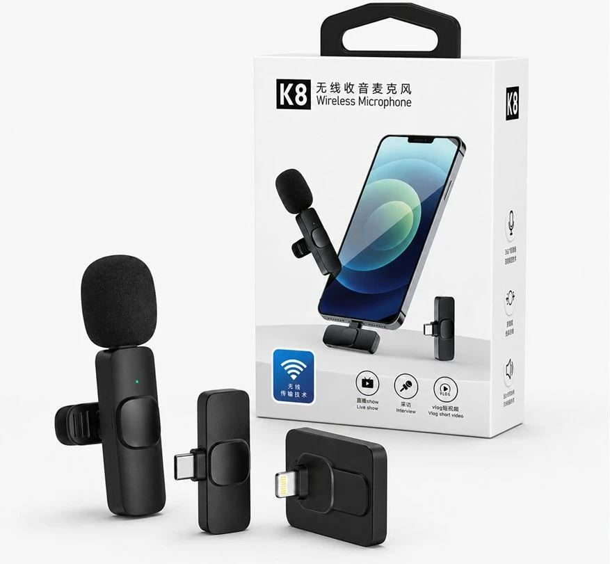Mikrofon Wireless K8 me Marrës USB-C dhe Lightning për Video, Vlog dhe Intervista