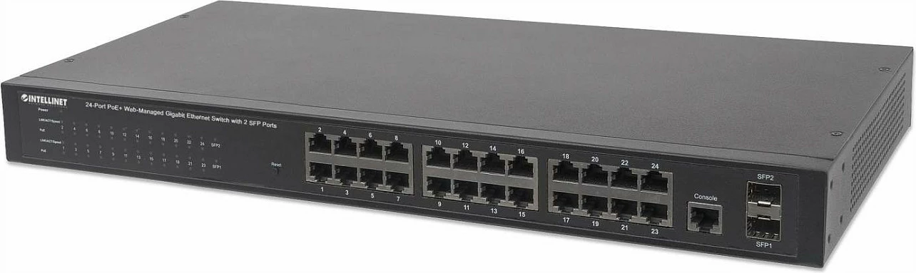 Switch Intellinet 560559, 24-Port Gigabit PoE+, Web-Managed, 2x SFP, 19" Rack, i zi