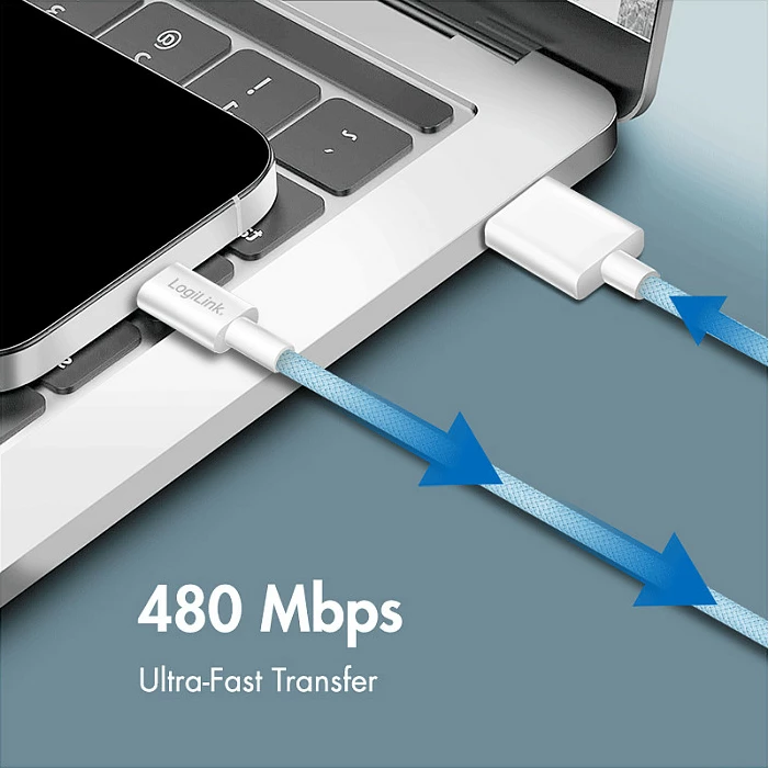 Kabllo USB LogiLink USB-A në USB-C, USB 2.0, 1 m, 60W, e kaltër