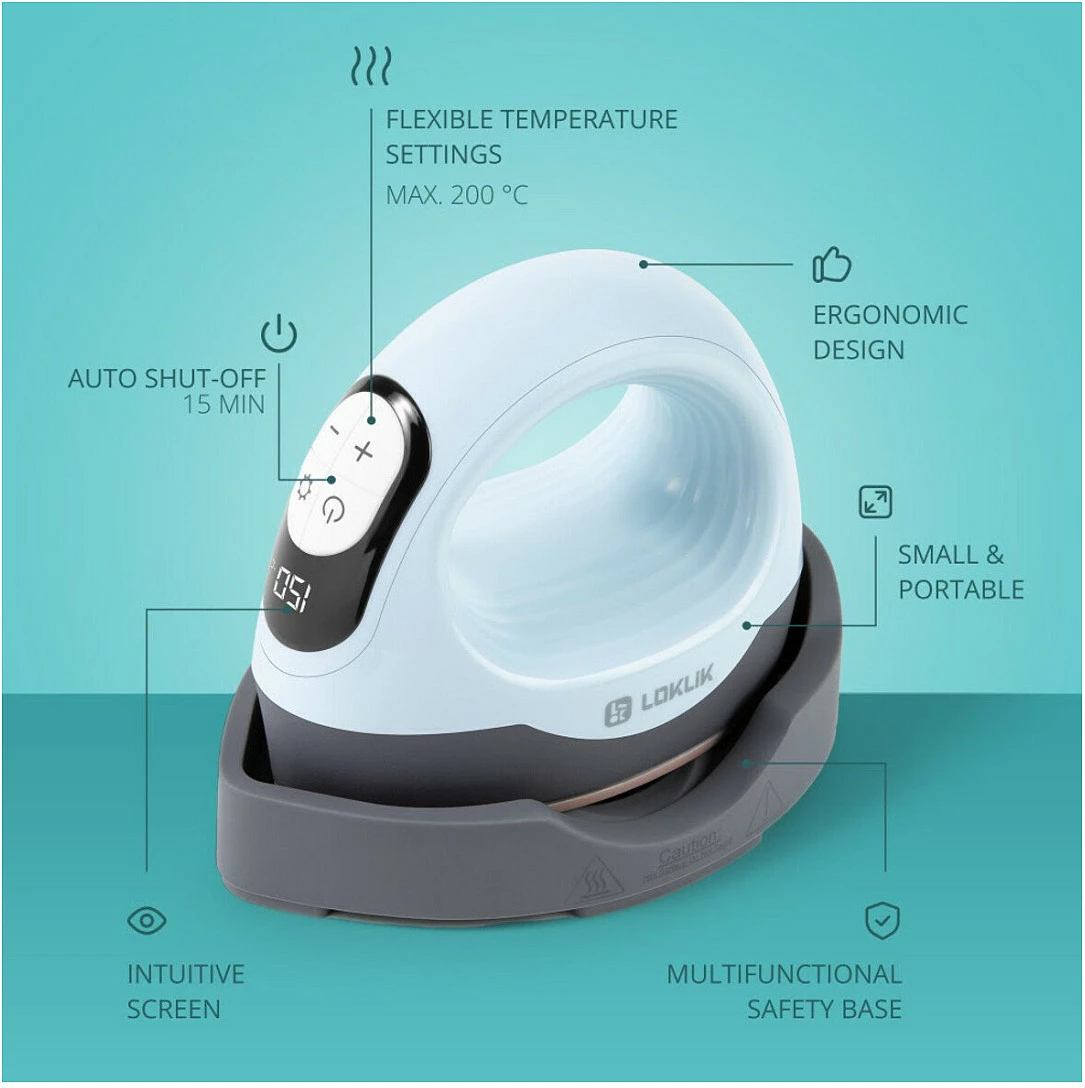 Hekur mini termo-transfer LOKLiK ImPress Mini 3, 550W, 200°C, LCD, kaltër pastel