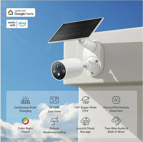 Kamerë sigurie TP-Link Tapo C425 + panel solar A201, 2K QHD, Wi‑Fi, IP66, e bardhë