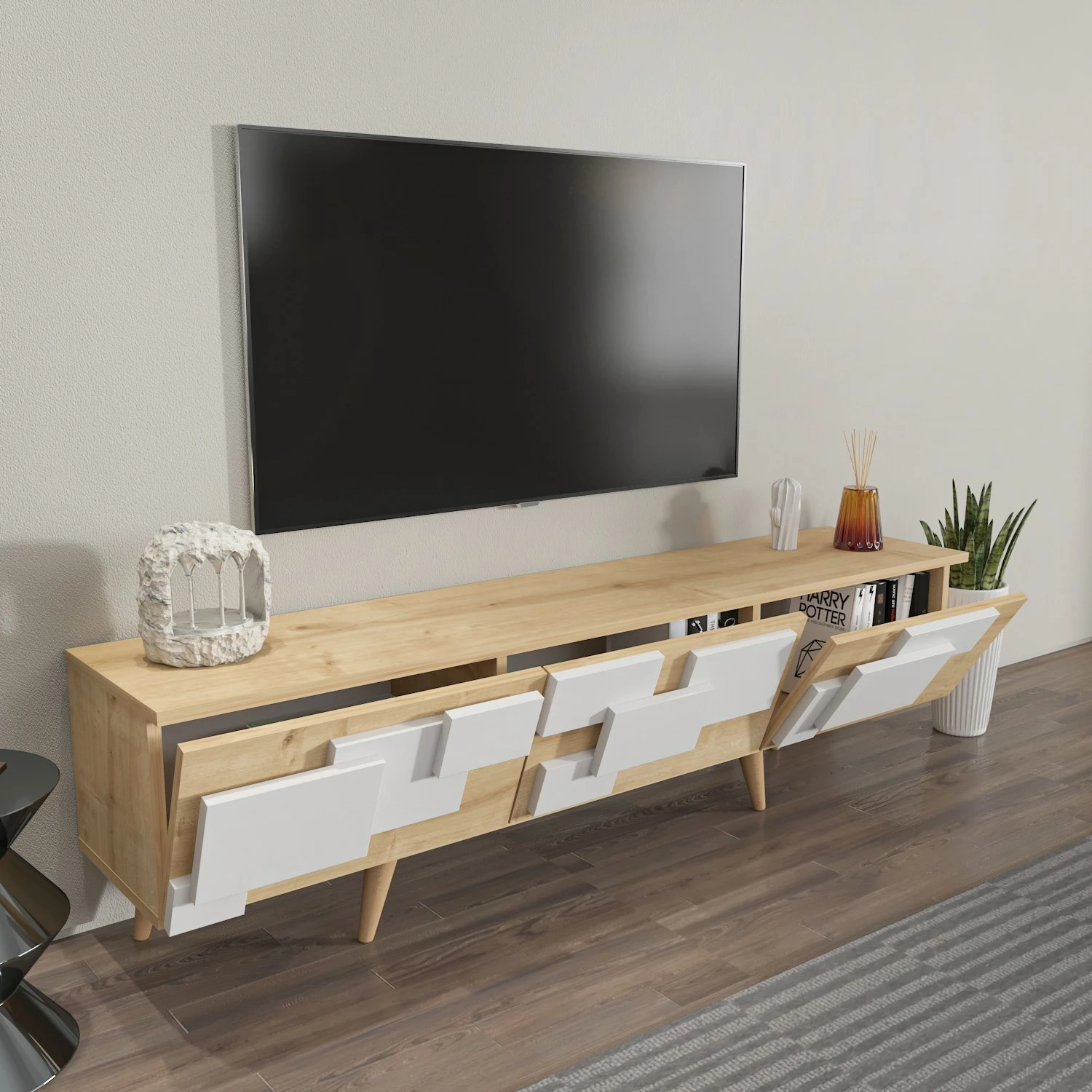 Komodë TV Skye Decor, 3 D, ngjyrë lisi, e bardhë