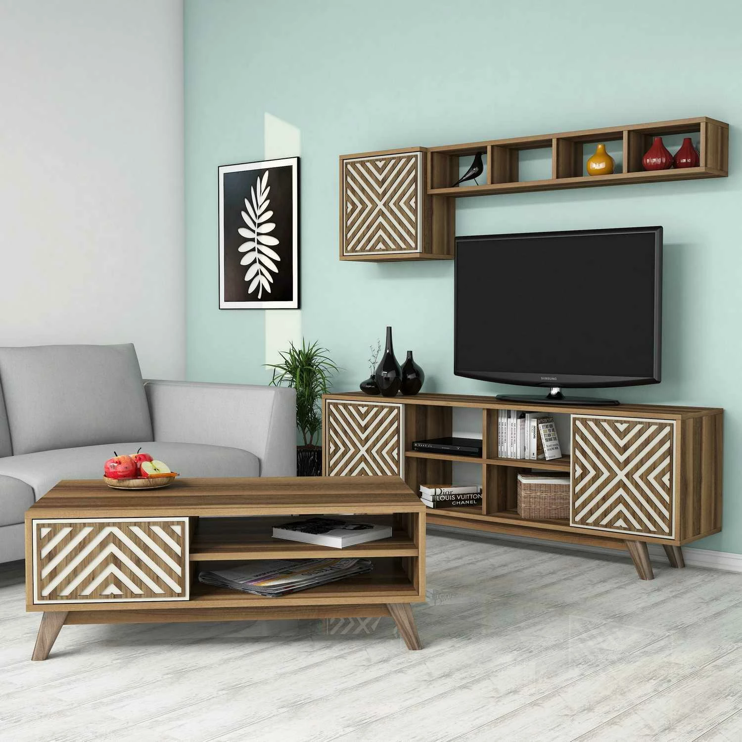 Set mobiljesh për dhomë dite, Skye Decor, ngjyrë arre, krem