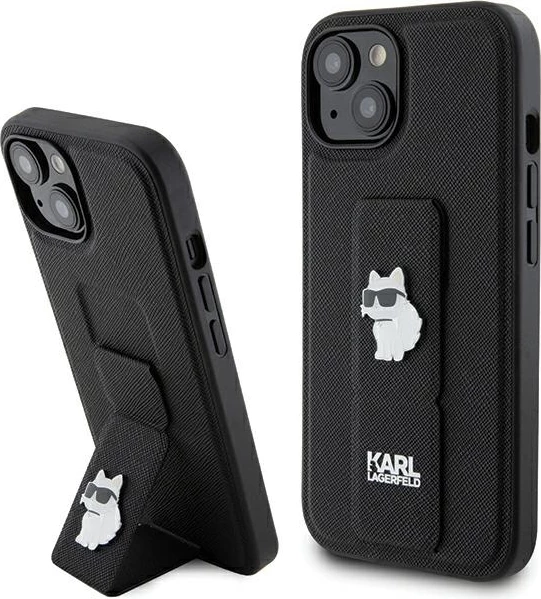 Mbështjellës Karl Lagerfeld Gripstand Saffiano Choupette Pins për iPhone 15 Plus / 14 Plus, i zi
