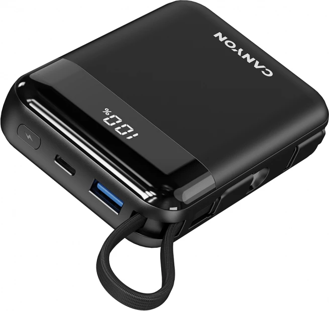 Power bank CANYON OnPower 104 10000mAh 22.5W me kabllo të integruara USB-C/Lightning, i zi