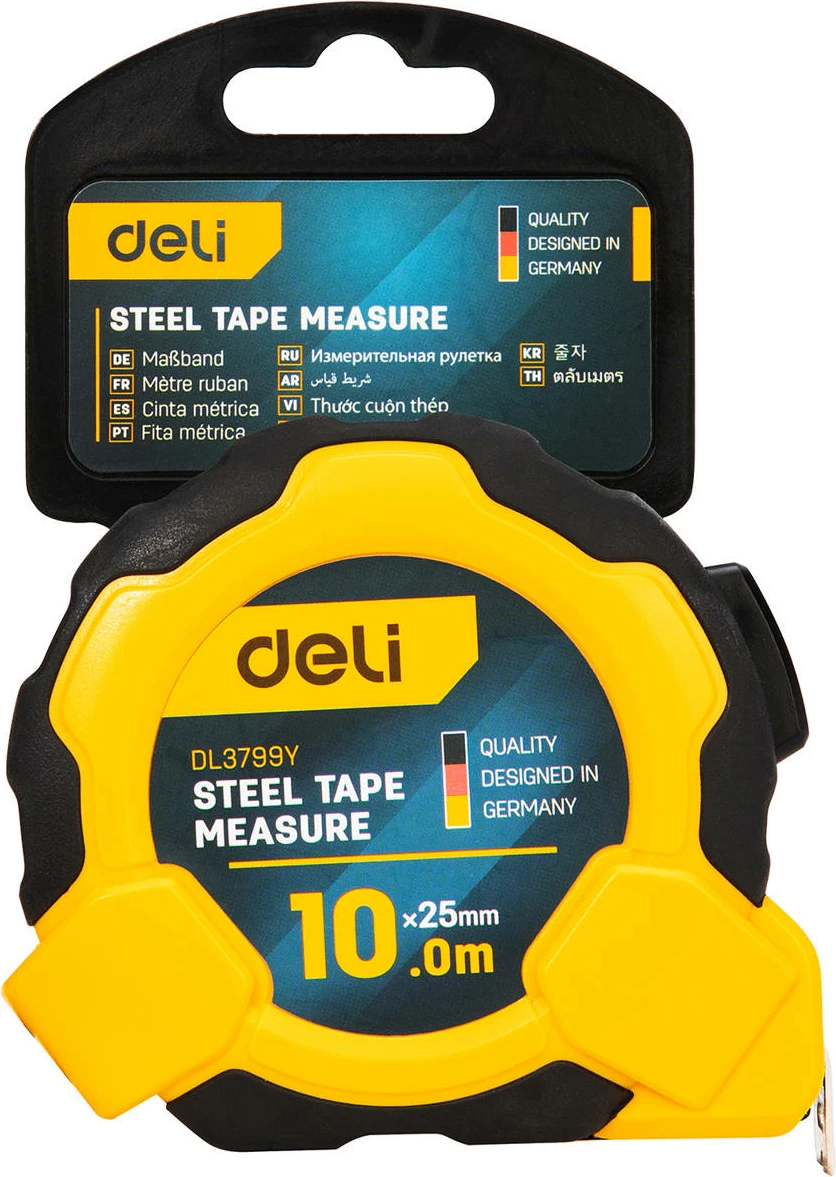Metër matës çeliku Deli Tools EDL3799Y, 10m x 25mm, verdhë