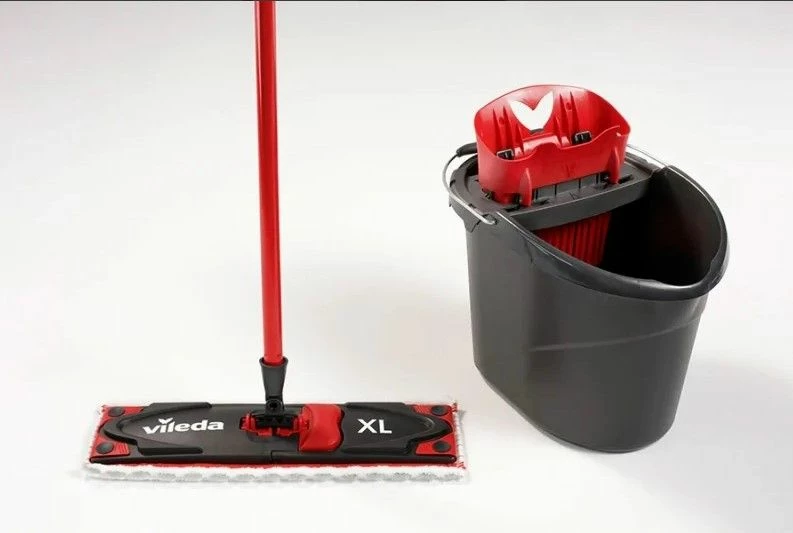 Mop i sheshtë me kovë Vileda Ultramax XL Box 160932, 42 cm, mikrofibër, kovë 10 L, me shtrydhës, e kuqe, set 3 pjesë