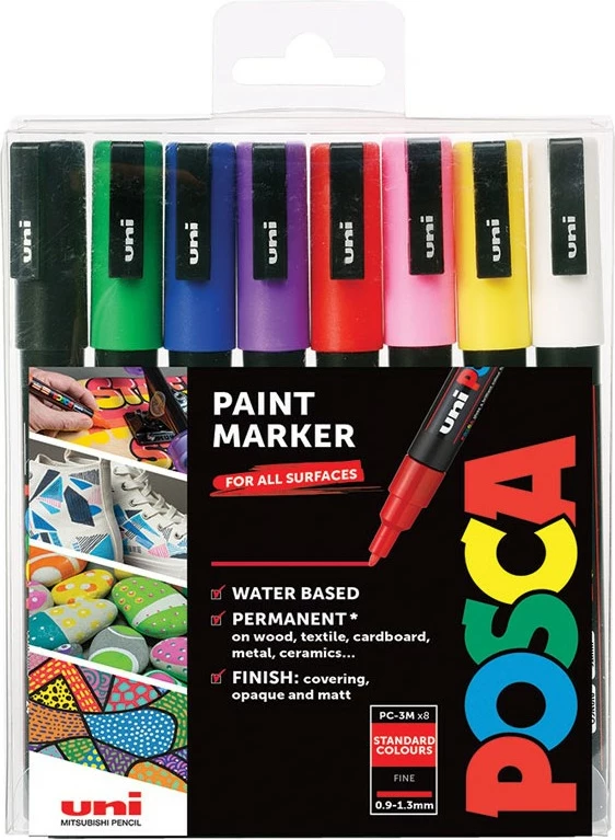 Set markerash Posca PC-3M, 8 ngjyra, majë e hollë, multikolor