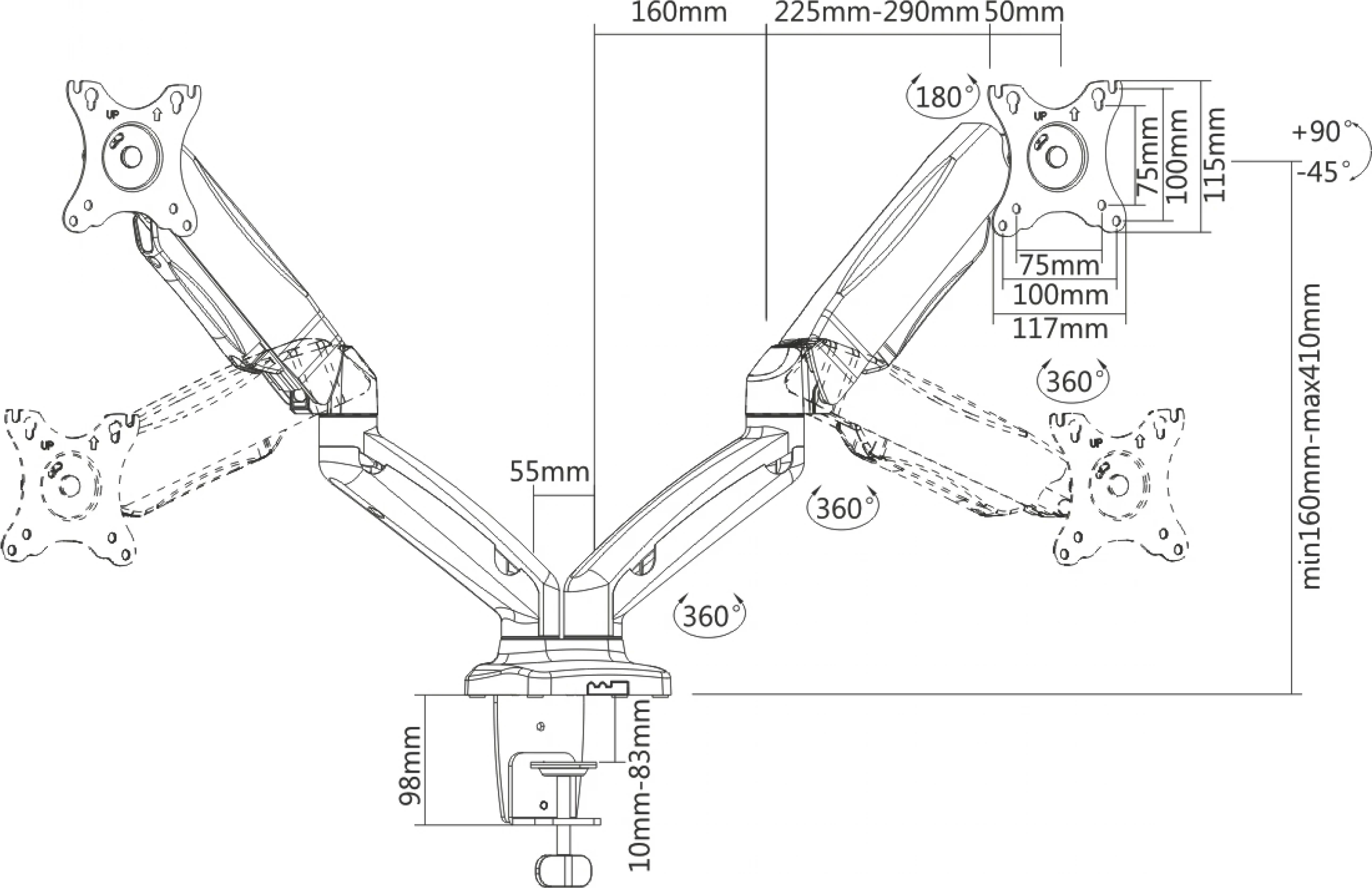 Mbajtëse tavoline për 2 monitorë Art RAMM L-16GD 13\"-27\", VESA 75x75/100x100, gaz-spring, e zezë