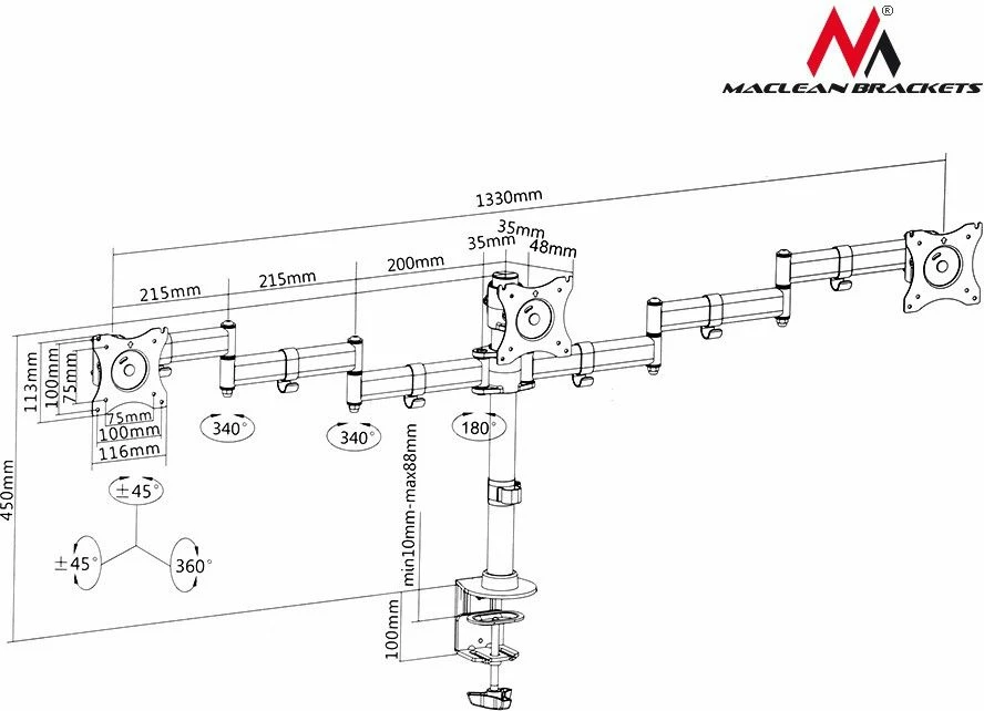 Mbajtëse tavoline për 3 monitorë Maclean MC-691 13–27\" VESA 75x75/100x100, e zezë