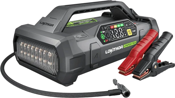 Starter emergjence Lokithor JA3000 PRO 3000A 46.08Wh 12V me kompresor 150 PSI, power bank USB-C 60W, dritë LED, set me klema dhe adapterë, gri/zi