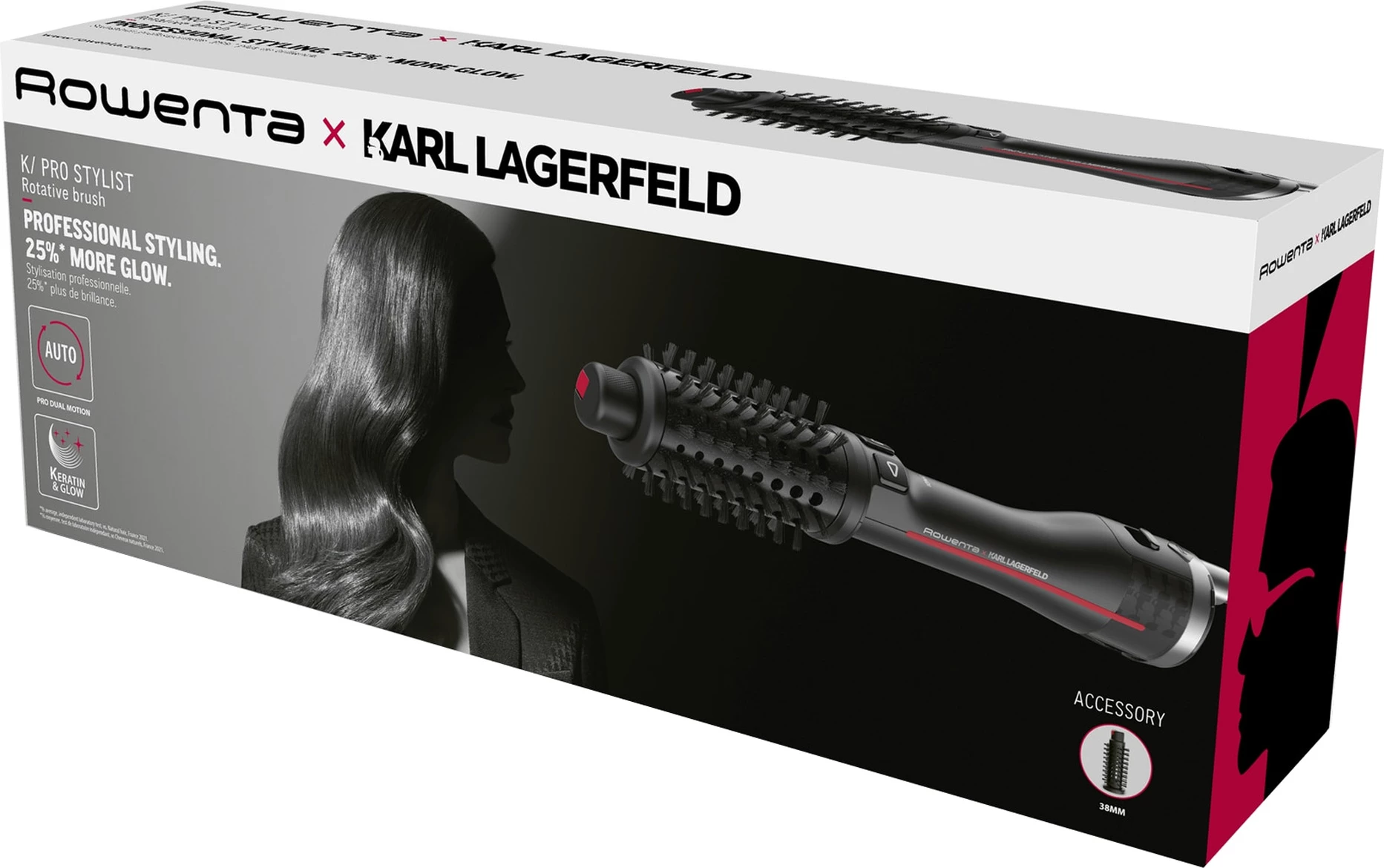 Furçë rrotulluese flokësh, Rowenta x Karl Lagerfeld, CF961LF0 Pro Stylist, 750 W, jonizim, veshje Keratin & Glow, 2 furça, e zezë