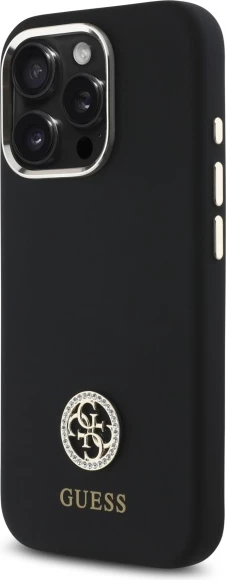 Mbështjellës Guess Silicone Logo Strass 4G për iPhone 16 Pro, i zi