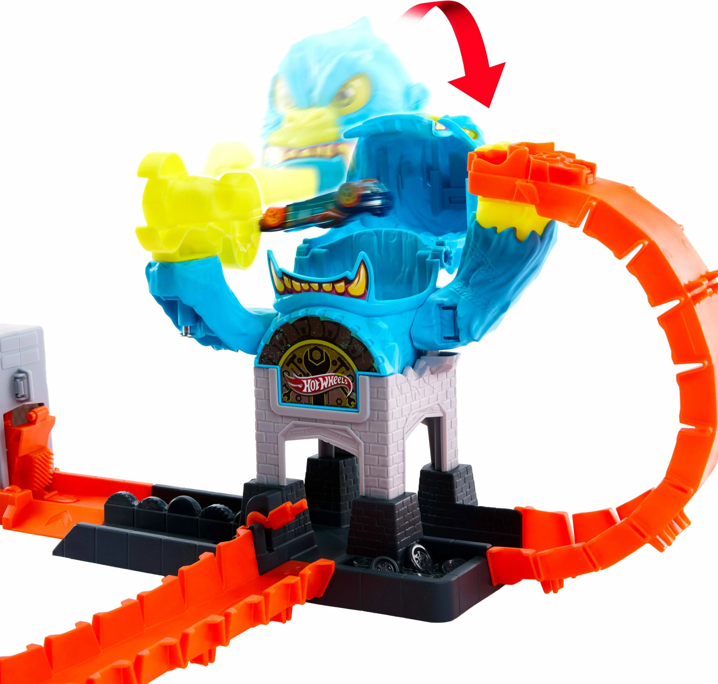 Set pistë Hot Wheels City Hungry Gorilla me launcher, Mattel JHL92, 1 makinë 1:64, 4+ vjeç, portokalli/blu