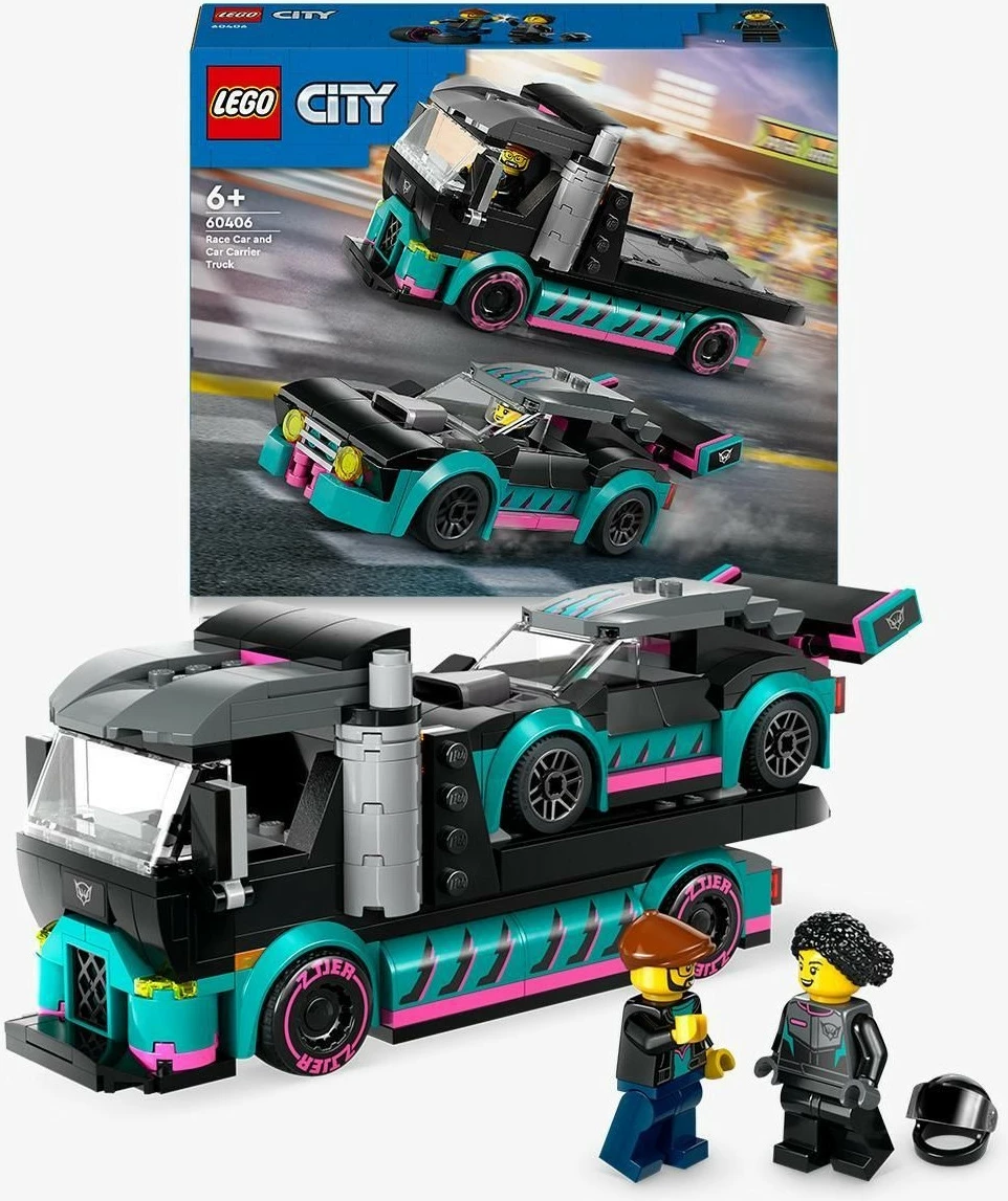 Set ndërtimi LEGO City 60406, autotransporter me makinë gare, 328 pjesë, shumëngjyrësh