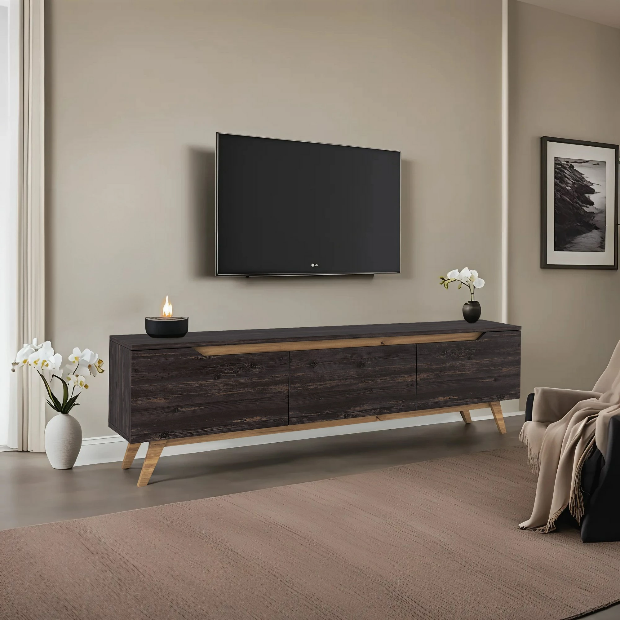 Komodë TV Skye Decor, D1 - 1009, ngjyrë e zezë dhe arre