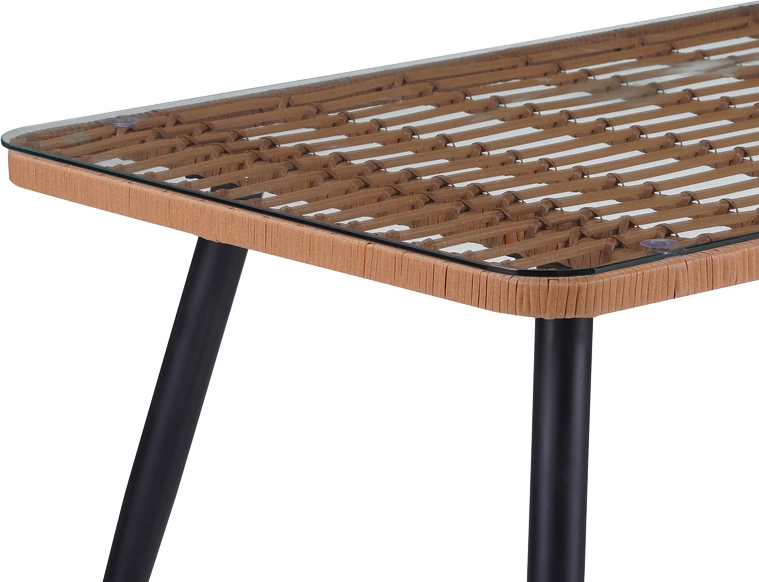 Tavolinë prej xhami PE rattan, ngjyrë druri natyrale, këmbë të zeza, 140x80x78cm