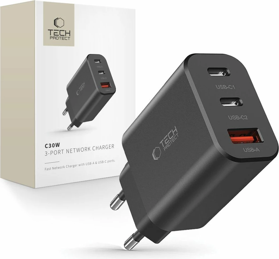 Karikues rrjeti Tech-Protect NC30W, 3 porta (2x USB-C PD 30W, 1x USB-A QC 3.0), i zi
