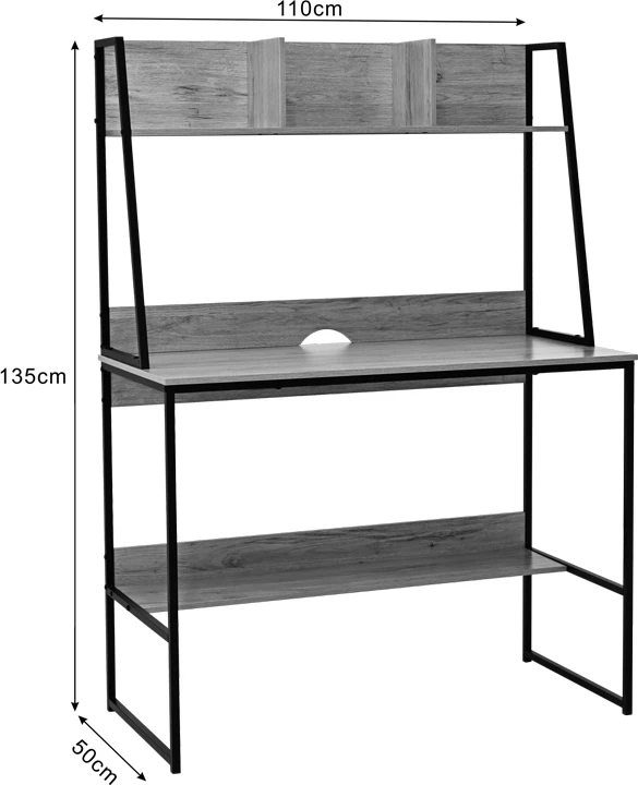 Tavolinë zyre me raft, ngjyrë lisi, këmbë metalike të zeza, Herbey, 100x48x139cm