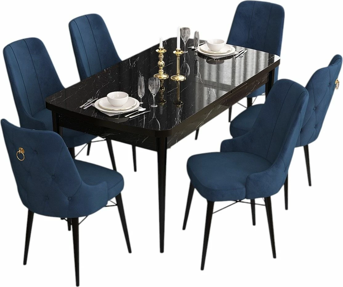 Set tavoline me karrige për ngrënie (7 copë), ngjyrë mermeri të zi, blu e errët, Skye Decor