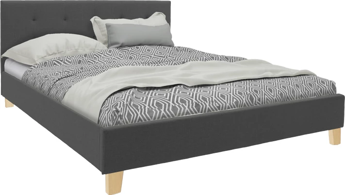 Krevat Mago, material stof ngjyrë gri e errët, këmbë druri natyrale, 160x200cm