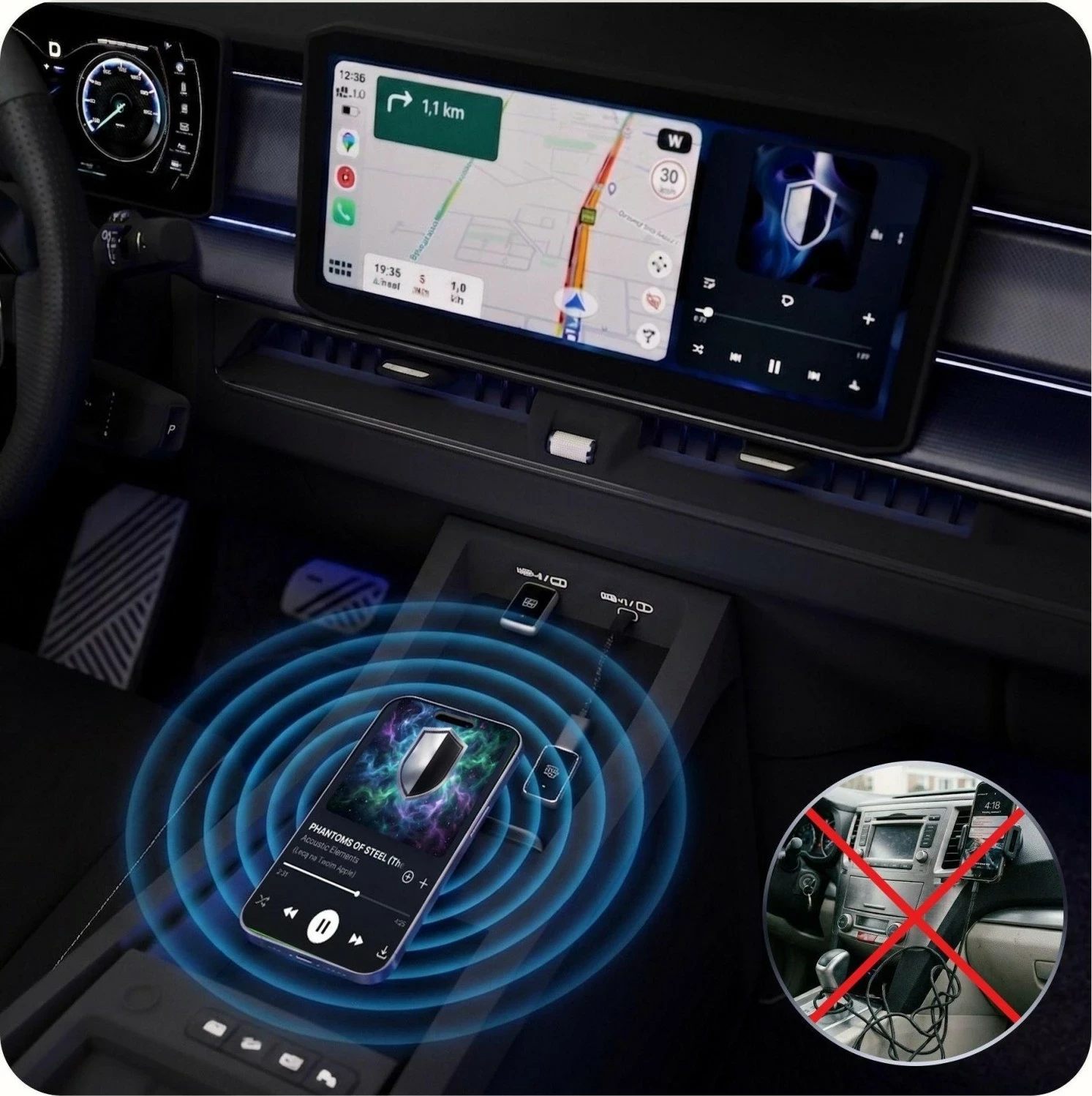 Adapter wireless 3MK DriveLink Duo, Apple CarPlay/Android Auto, Wi‑Fi 6, Bluetooth 5.4, USB‑A, gri