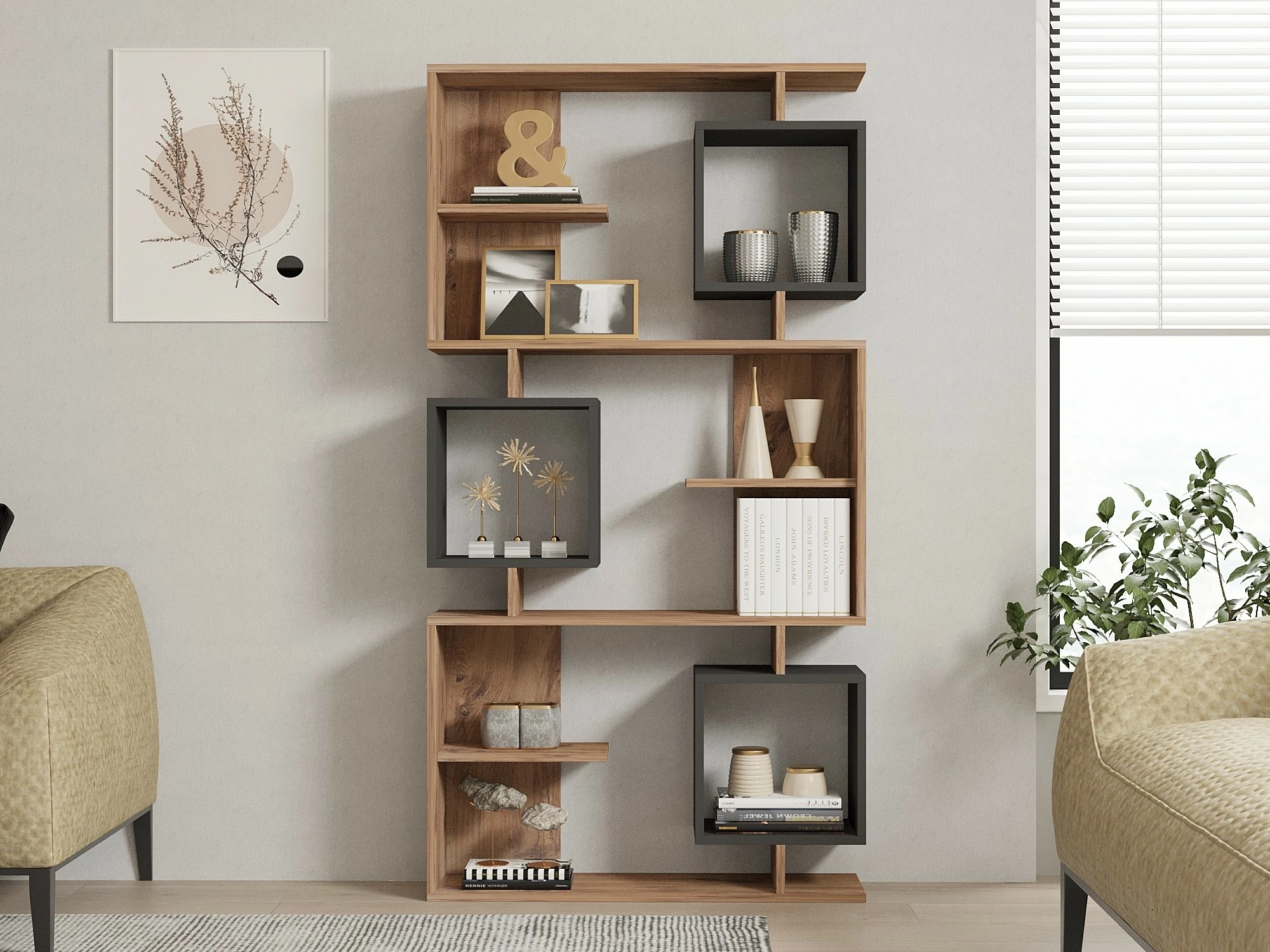 Raft librash Hanah Home, Icardi, ngjyrë pishë Atlantike dhe antracit