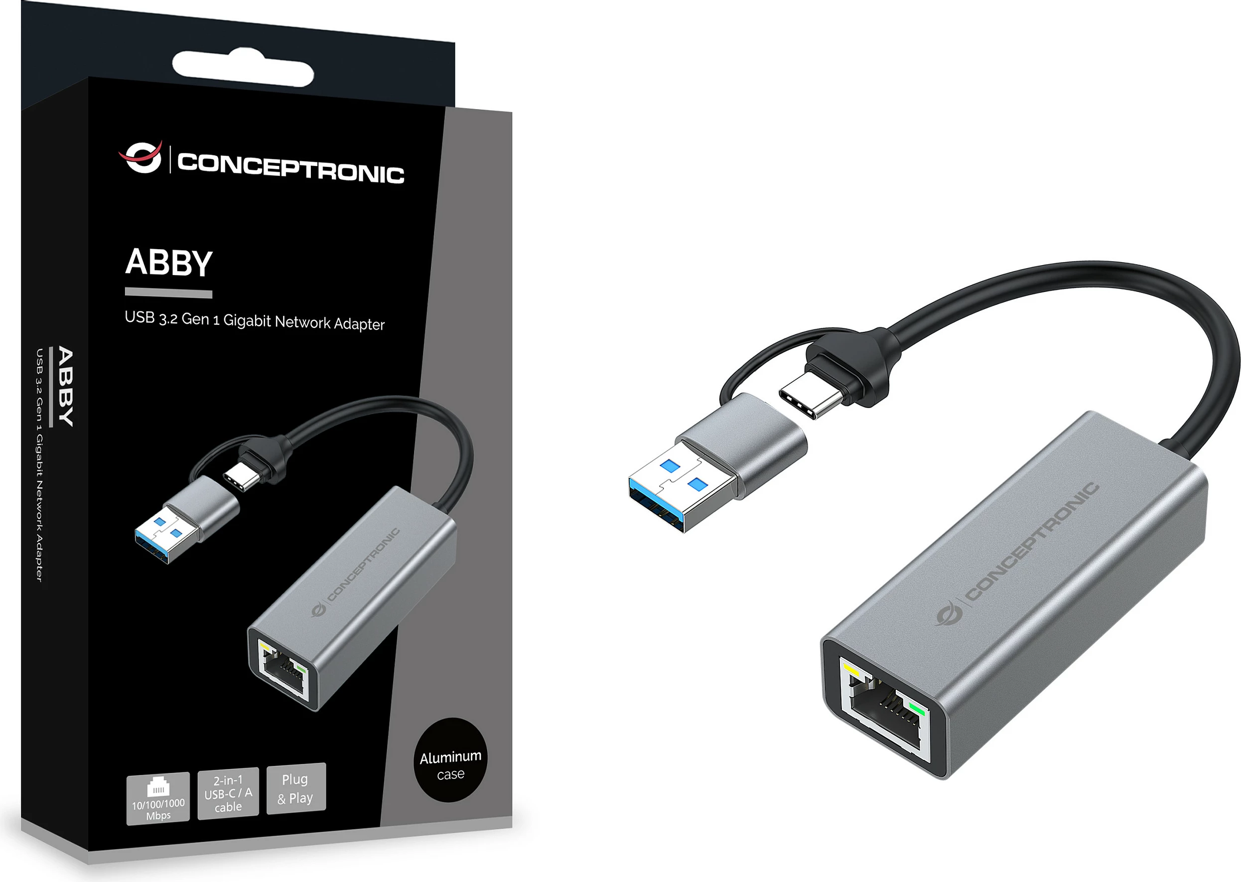 Adapter rrjeti USB Conceptronic ABBY08G, USB-A/USB-C në Gigabit Ethernet, USB 3.2 Gen 1, Wake-on-LAN, gri