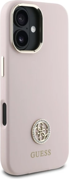 Mbështjellës Guess Silicone Logo Strass 4G për iPhone 16, Rozë e çelët