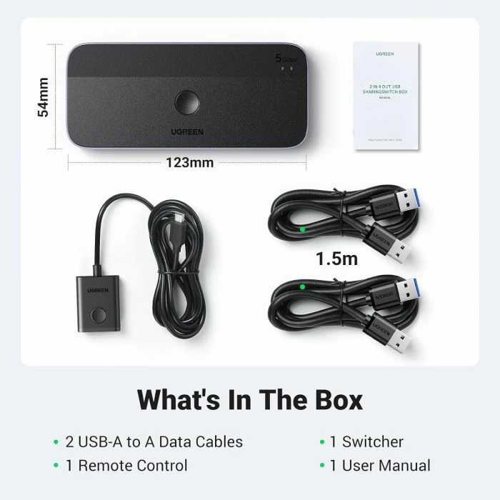 USB Switch 3.0 UGREEN 15705, 4 porte (1x USB-C + 3x USB-A), për 2 kompjuterë, me remote + 2 kabllo A-A
