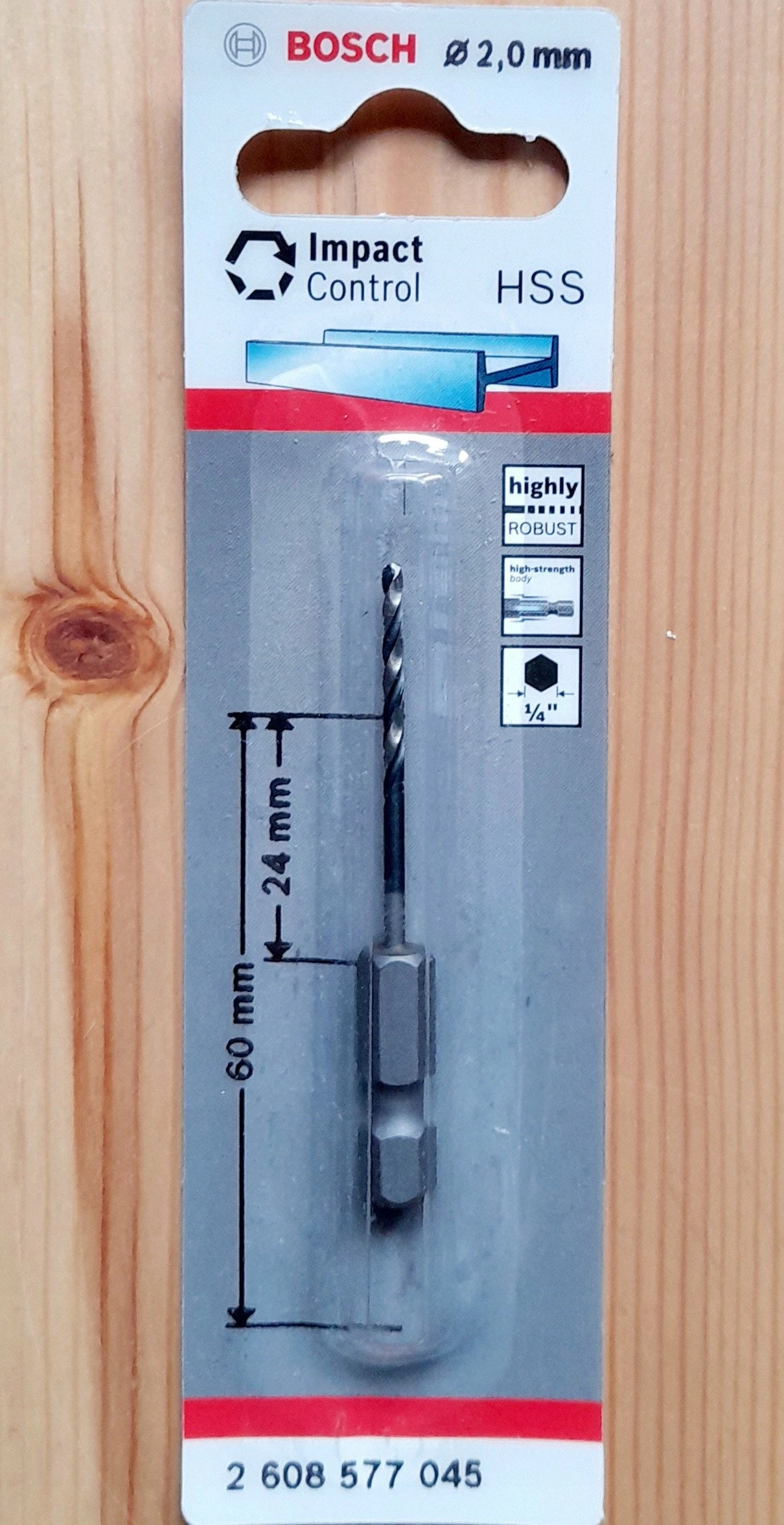 Bit shpimi për metal Bosch 2608577045 2.0 mm, heks 1/4\", 60 mm, 1 copë