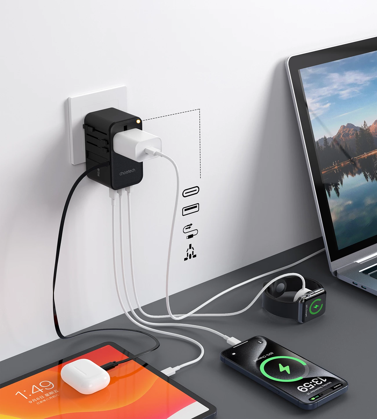 Adapter udhëtimi Choetech PD5022 me karikues 70W, 4 porta, USB-C/USB-A, i zi